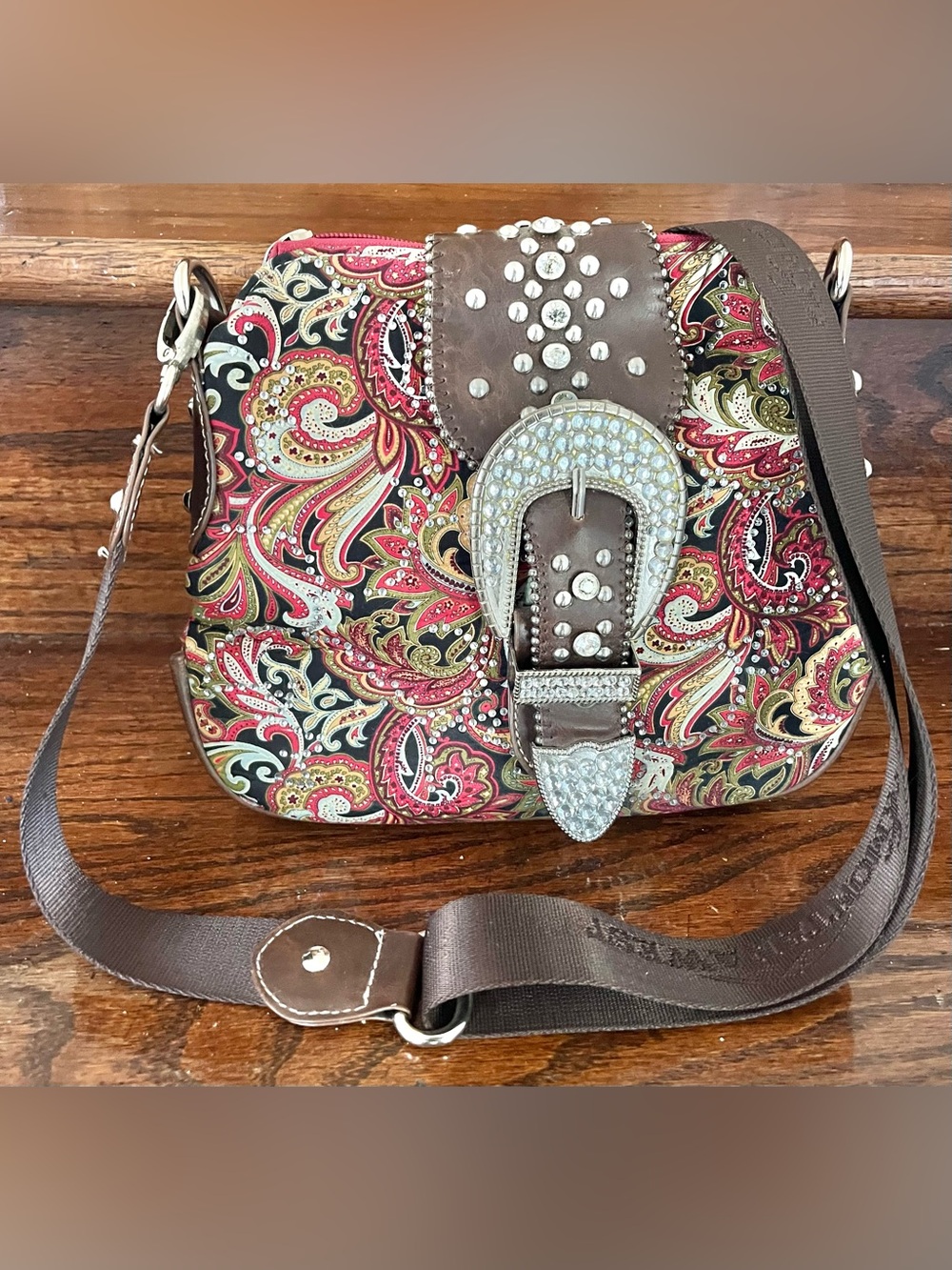 Montana West Crossbody Purse Western Paisley Rhinestone Buckle Concealed Carry - Picture 5 of 6